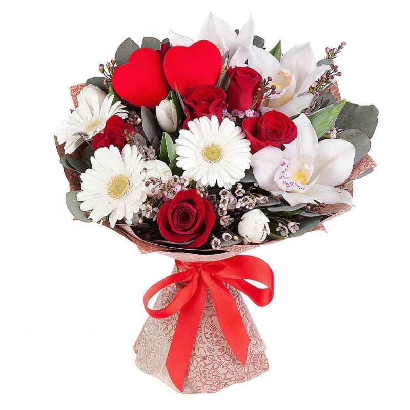 Букет из гербер, орхидей, тюльпанов, роз, ваксфлауэра и эвкалипта "Сердце Любви"