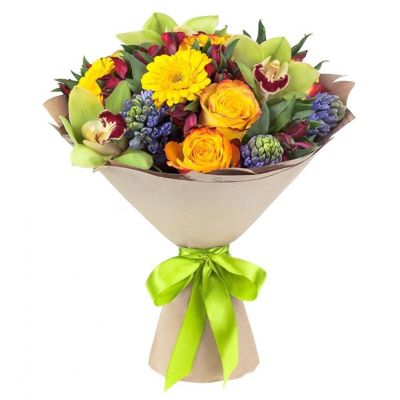 Букет из альстромерий, гербер, гиацинтов, орхидей и роз "Цветочный Вальс"